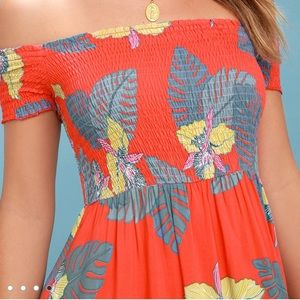 Patsy Coral Red Floral Print Off Shoulder Dress